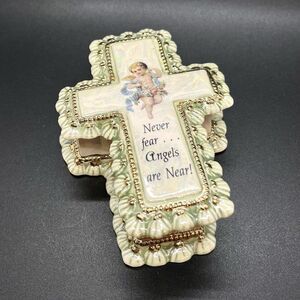 Vintage Ceramic Luster Cross Trinket Jewelry Box Cherub Angels Are Near